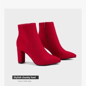 Dream Pairs Red Pointed Toe Chunky Heel Ankle Boots